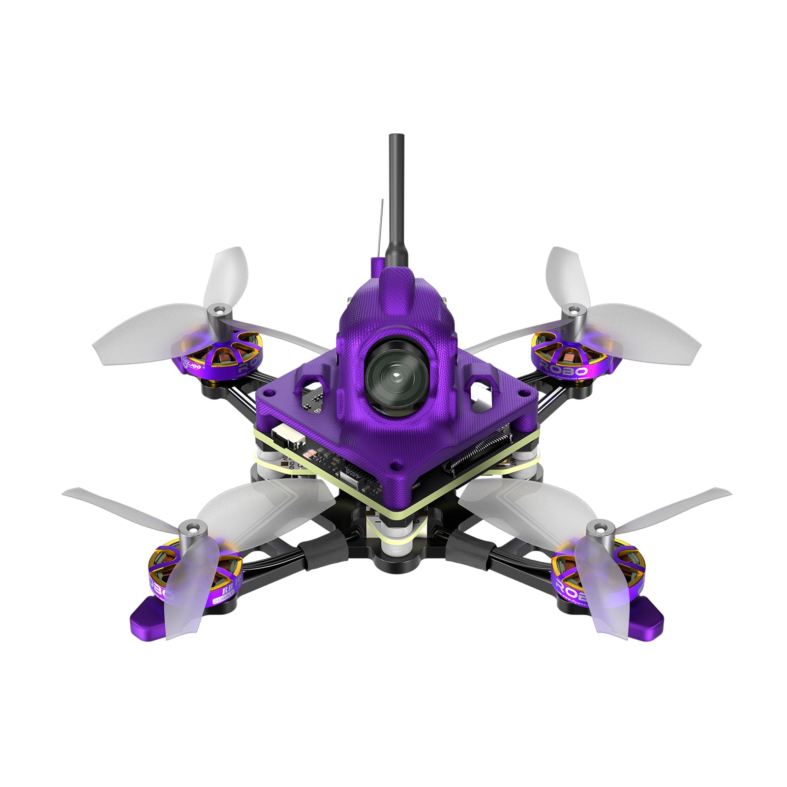 Firefly Nano Baby V3 micro quad drone with purple canopy, front camera lens, top antenna, and four p