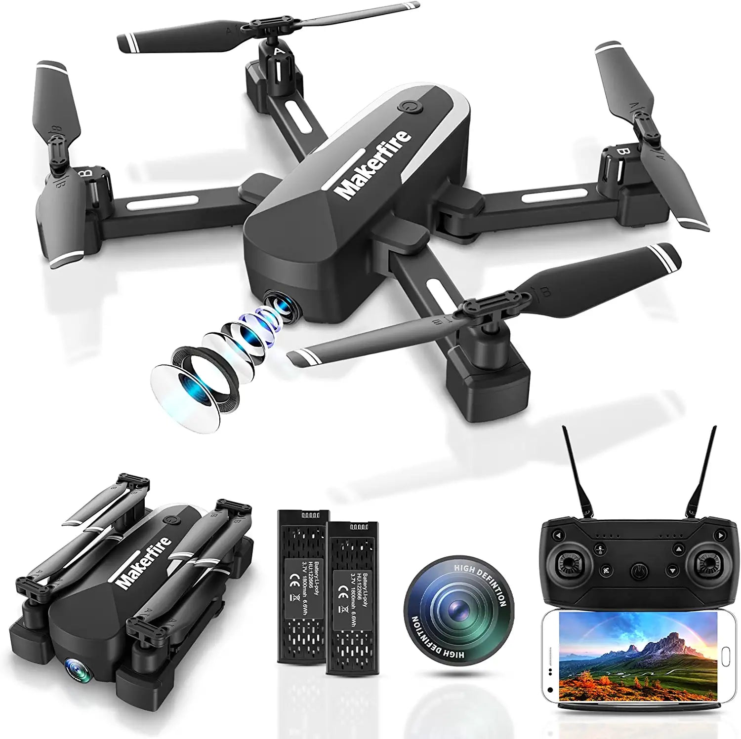 Makerfire H745/GX5 Drone - with 1080P Camera, RC Quadcopter for Adults and Kids, Foldable FPV WiFi D